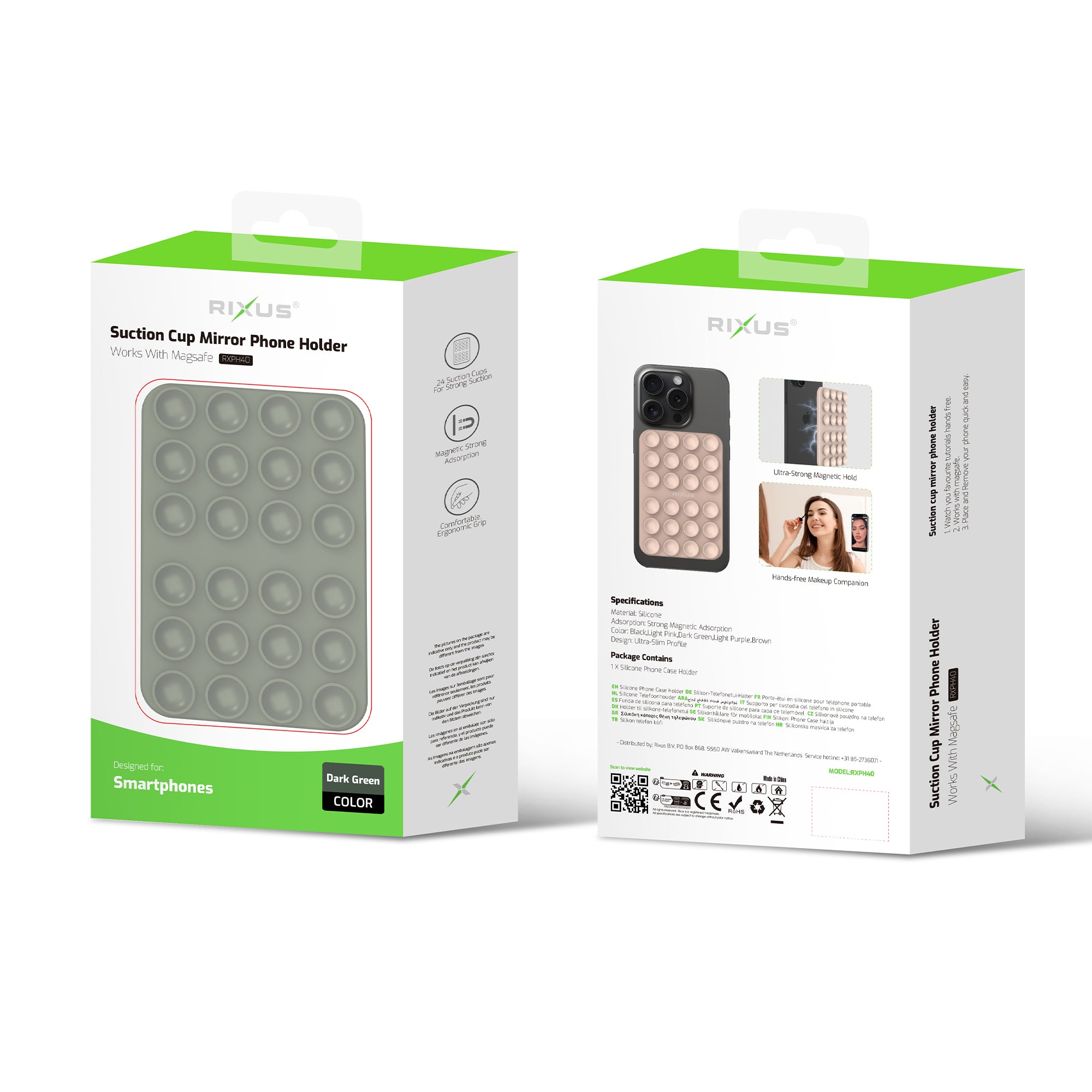 Rixus RXPH40D Support de téléphone avec miroir à ventouse Vert foncé