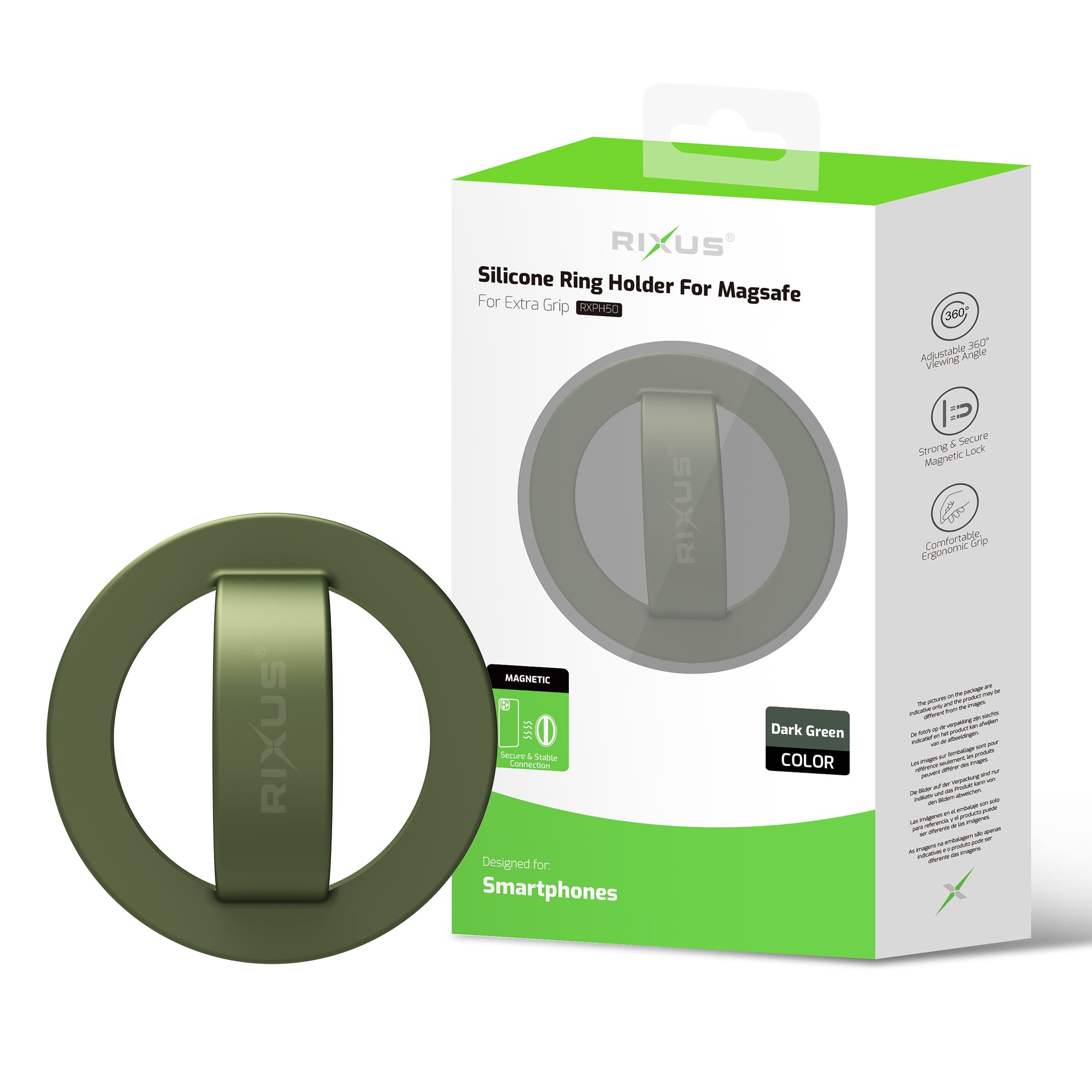 Rixus RXPH50D Silicone Ring Holder For MagSafe Compatible Dark Green