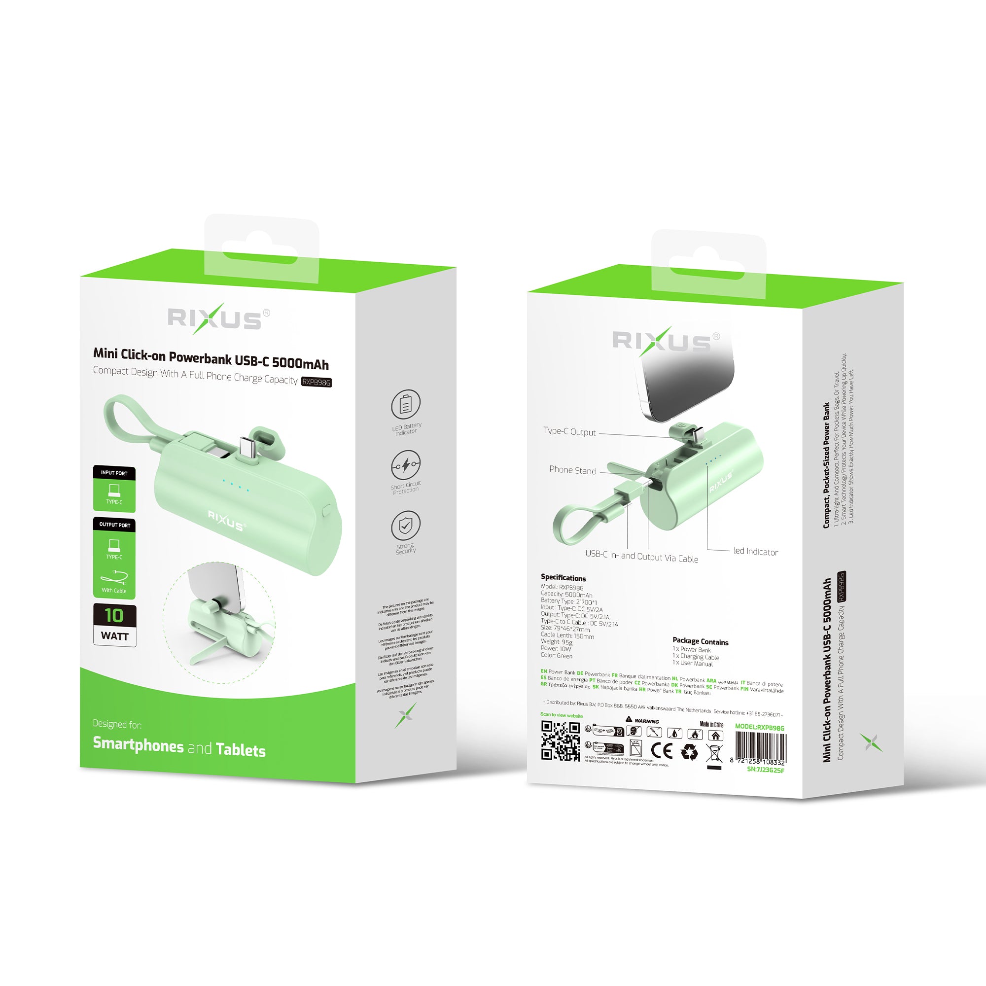 Mini batterie externe Rixus RXPB98G Click-On USB-C 5000 mAh verte