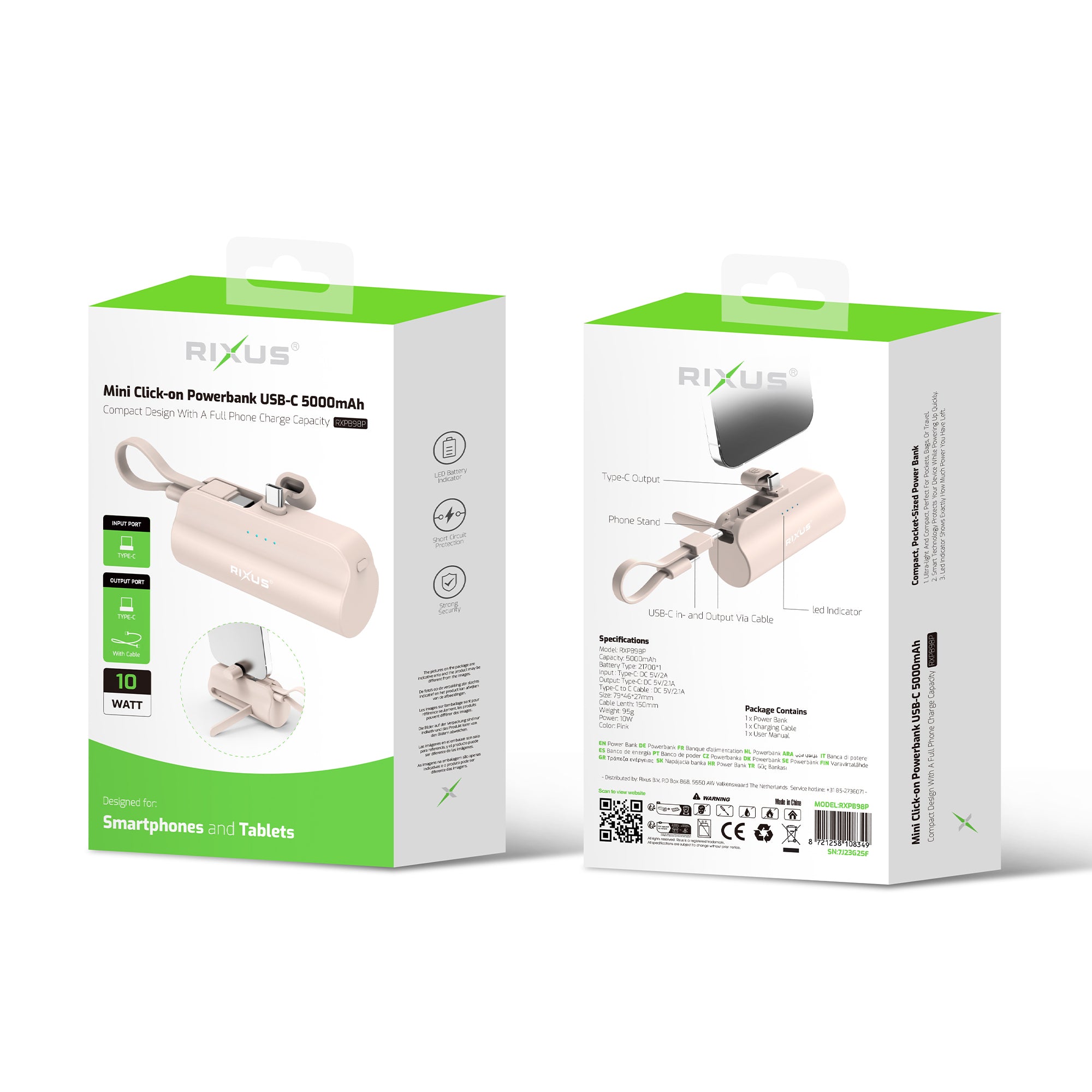 Mini batterie externe Rixus RXPB98P Click-On USB-C 5000 mAh rose