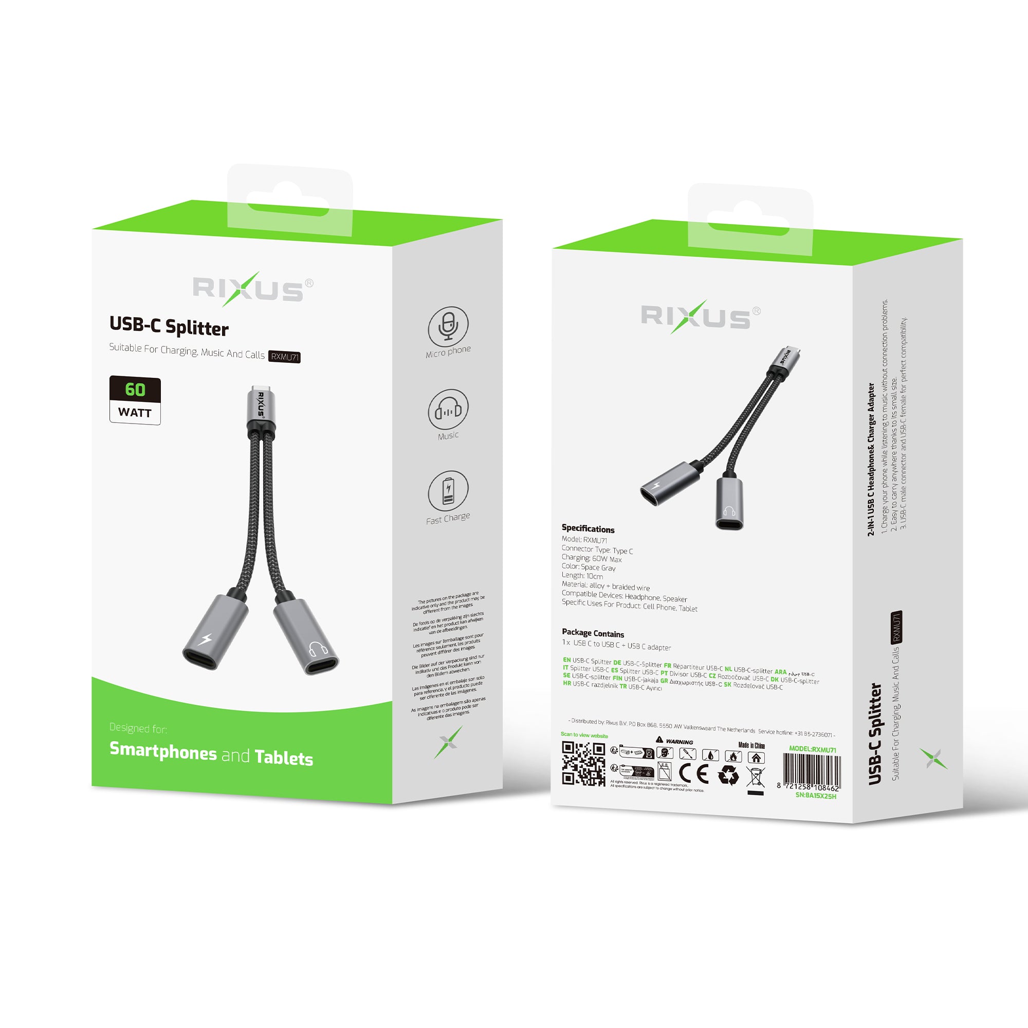Répartiteur USB-C Rixus RXMU71 15 cm gris sidéral