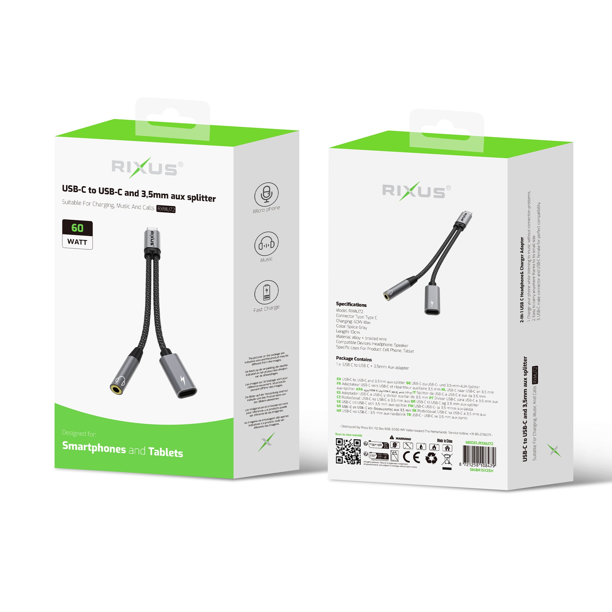Rixus RXMU72 Répartiteur USB-C vers USB-C et Aux 3,5 mm 15 cm Gris sidéral