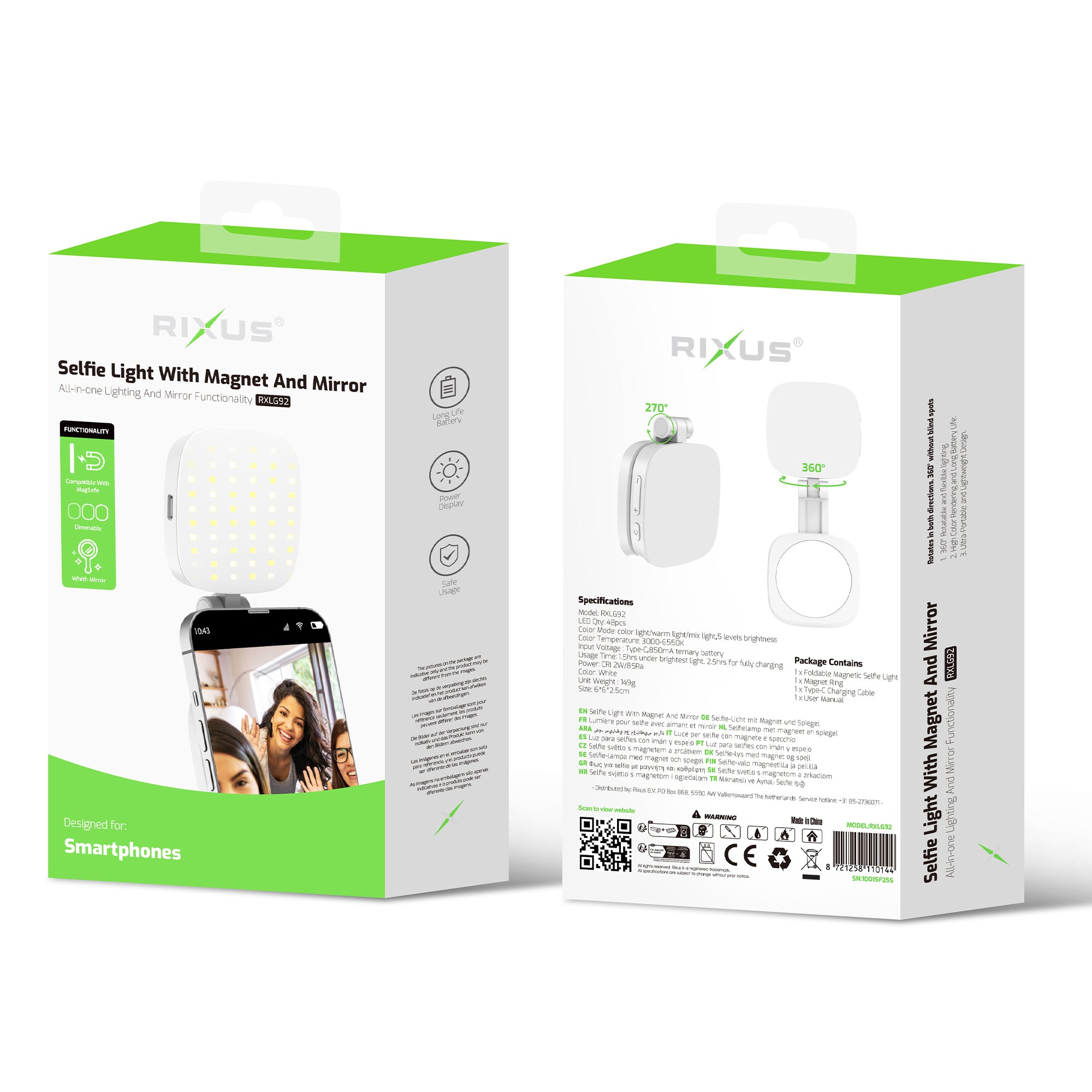 Rixus RXLG92 Lampe magnétique pour selfies avec miroir