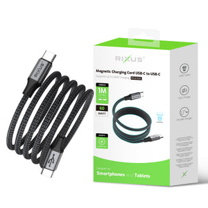 Rixus RXUC66C Magnetic Charging Cord USB-C To USB-C 1m 60W Black