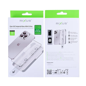 Rixus Clear HD Tempered Glass With Fit Box For Apple iPhone 14 , 13, 13 Pro, 16e, 17e