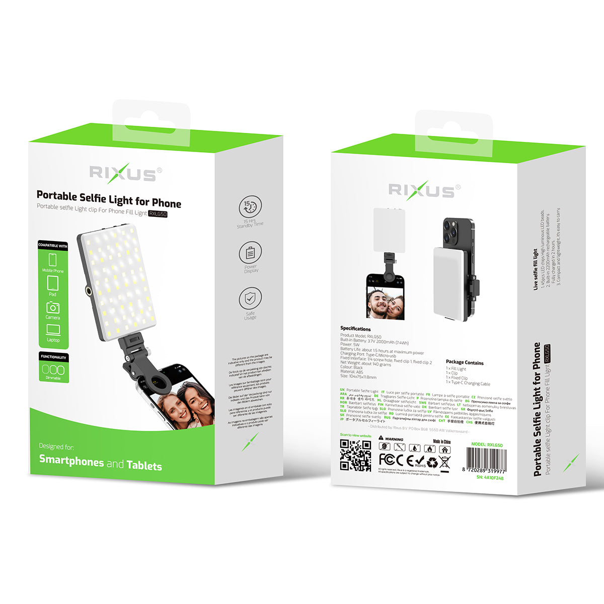 Rixus RXLG50 Lampe à selfie portable pour téléphone noir