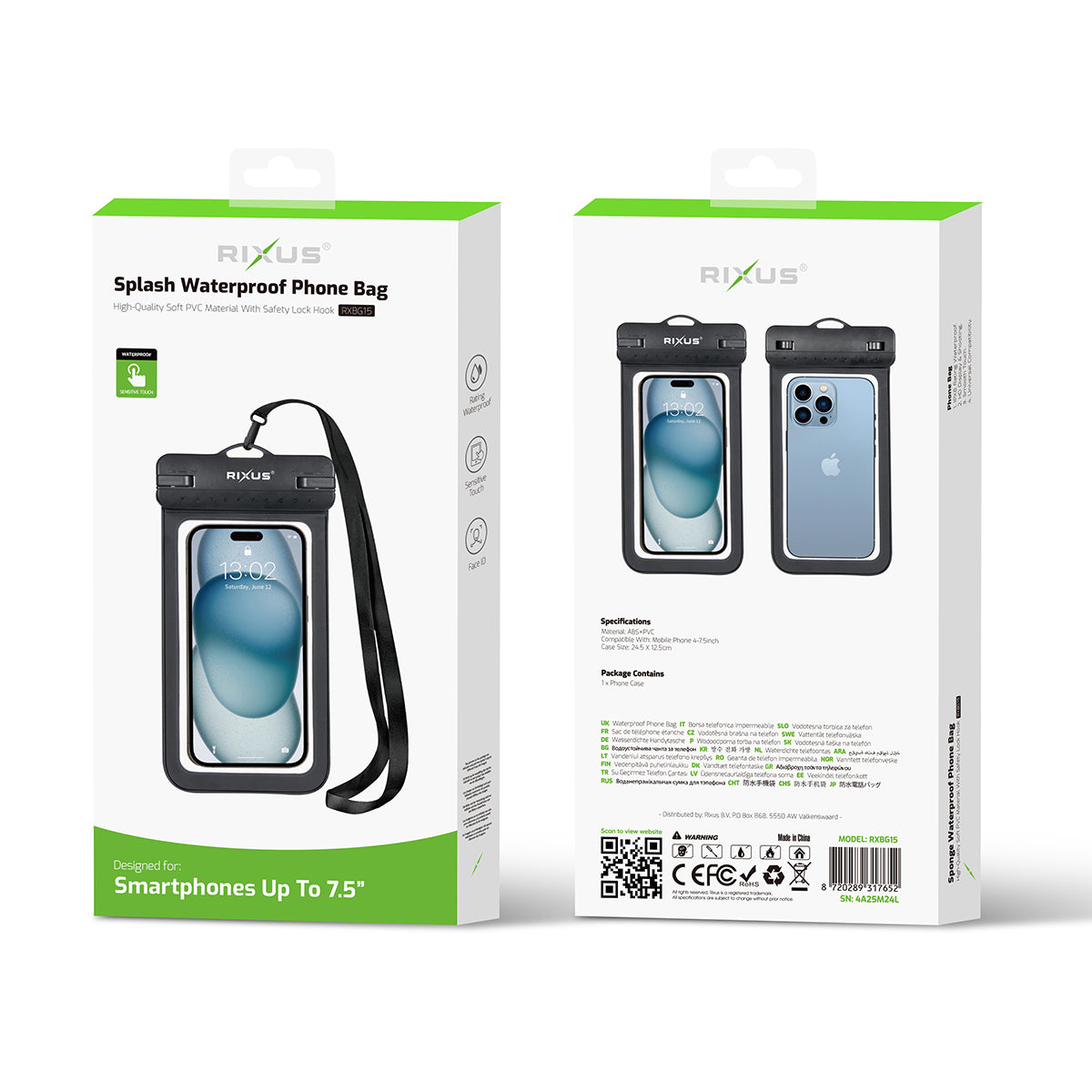 Rixus RXBG15 Sacoche pour téléphone portable étanche Splash Noir