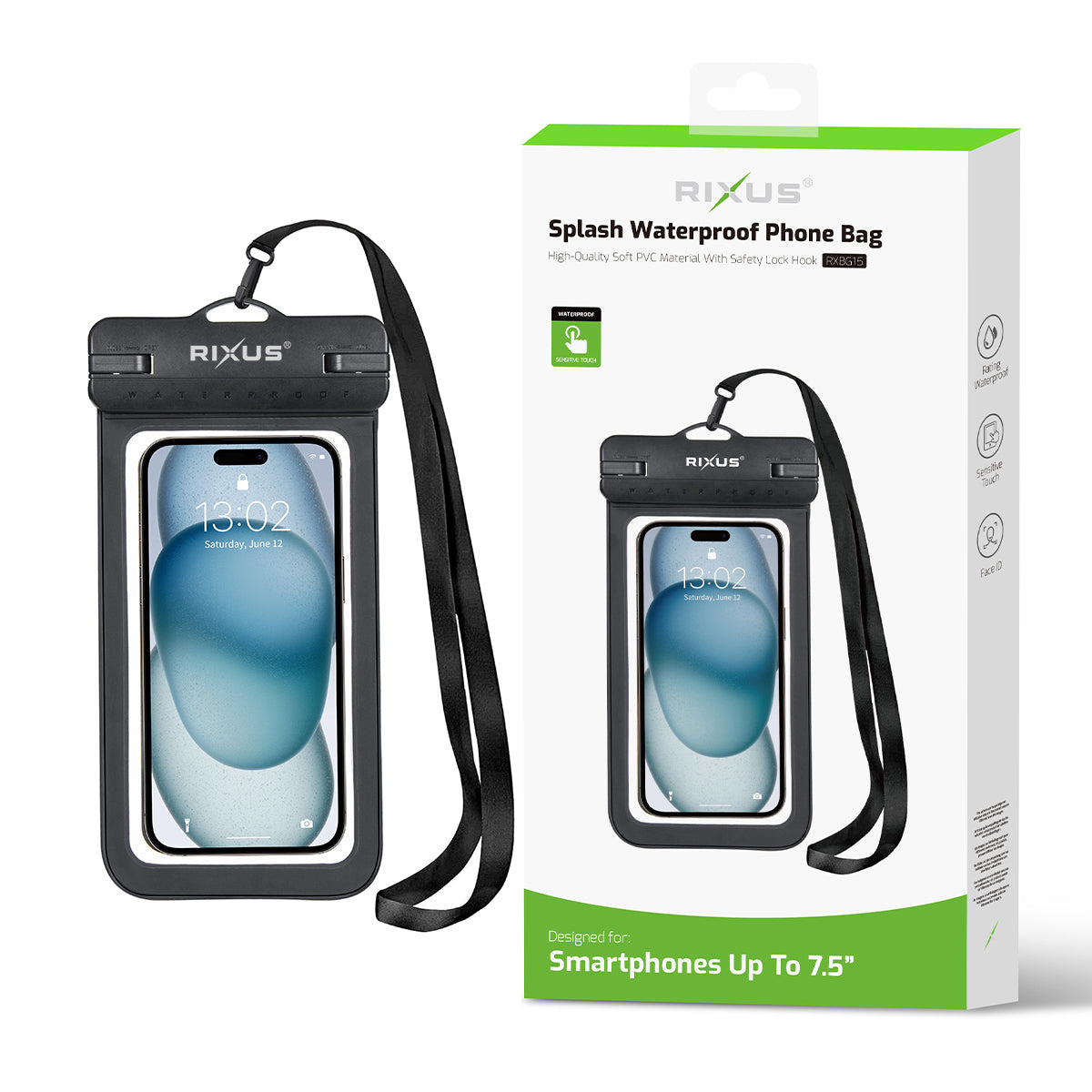 Rixus RXBG15 Sacoche pour téléphone portable étanche Splash Noir