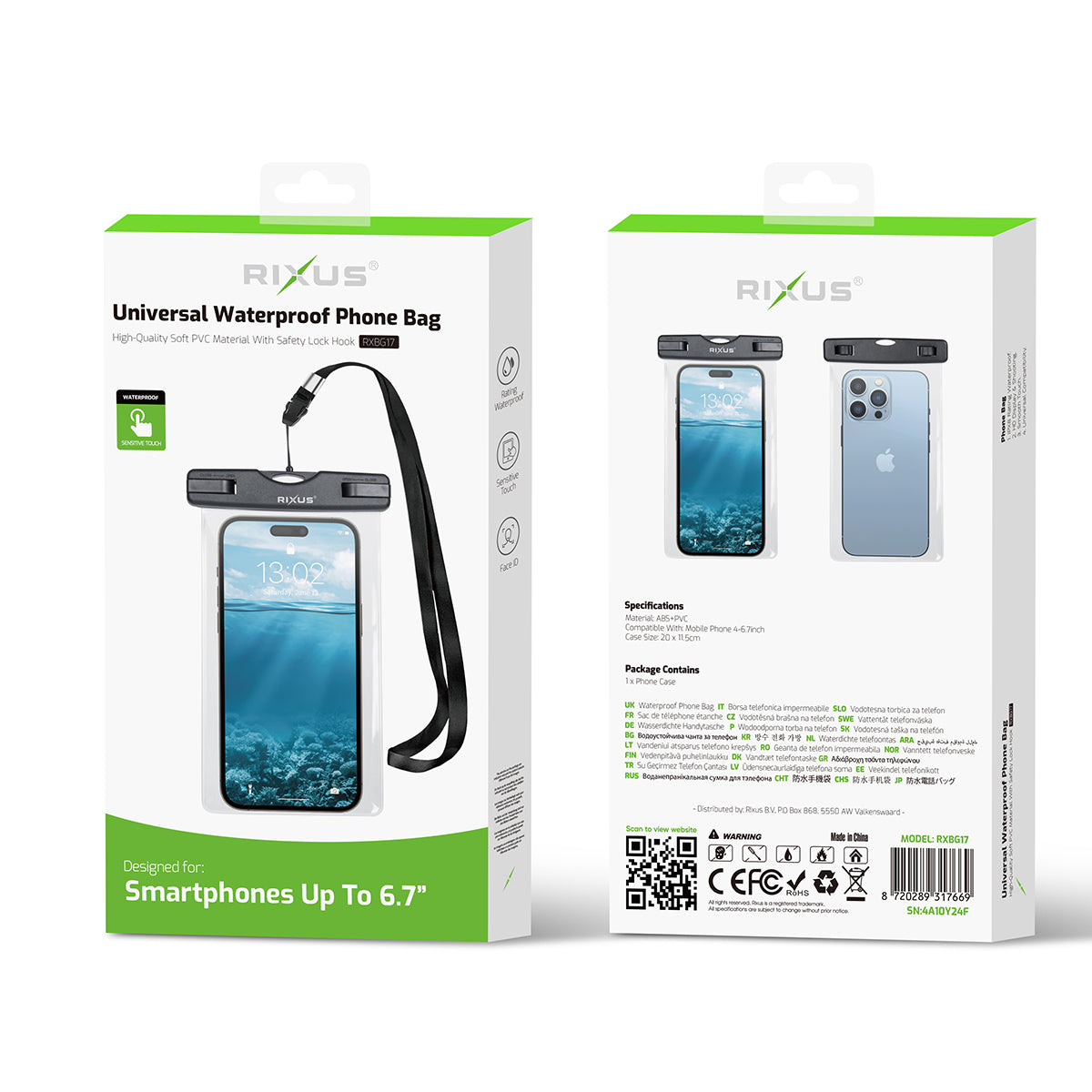 Rixus RXBG17 Sacoche pour téléphone portable étanche à l'éponge Noir