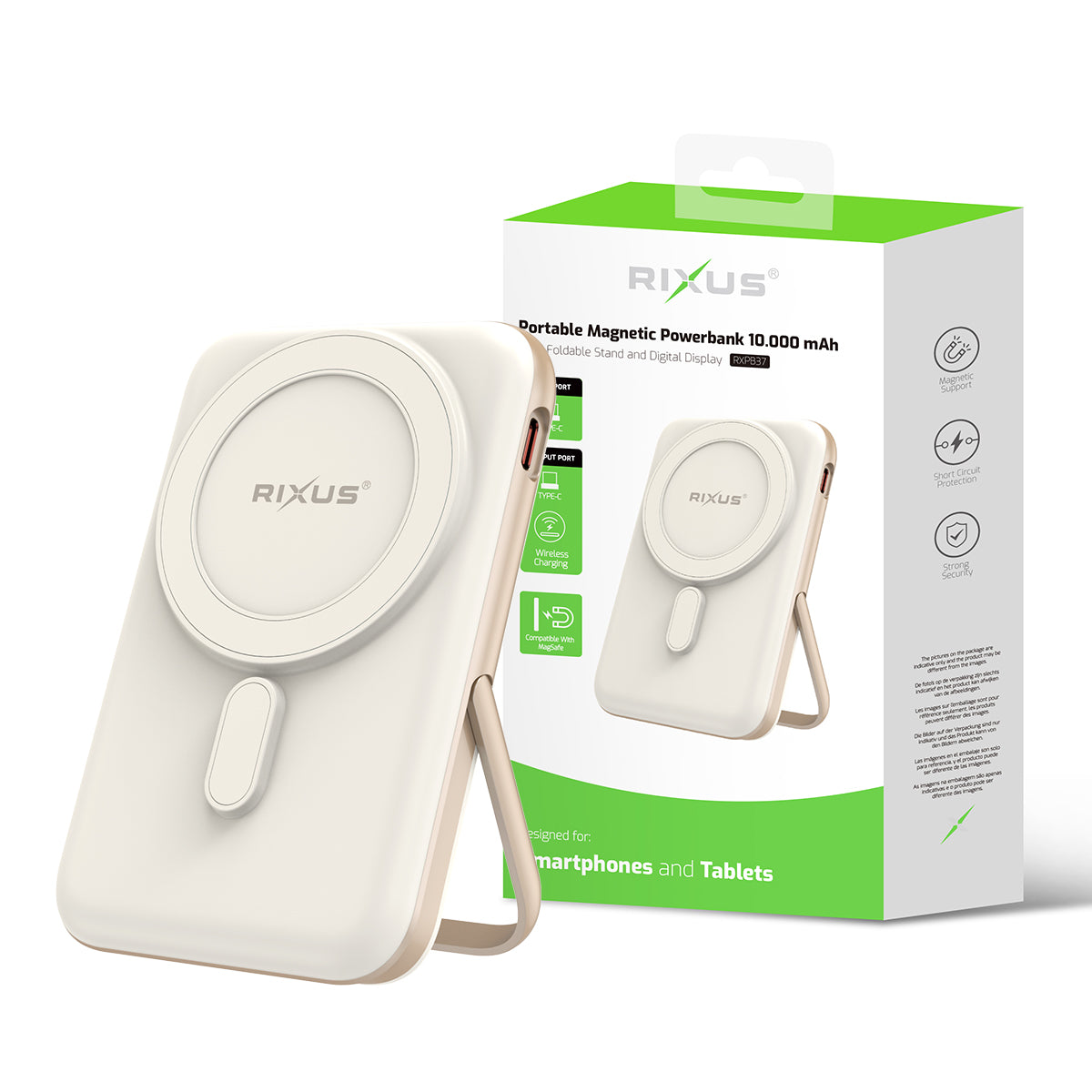 Batterie externe magnétique portable Rixus RXPB37 10 000 mAh avec support, couleur or rose
