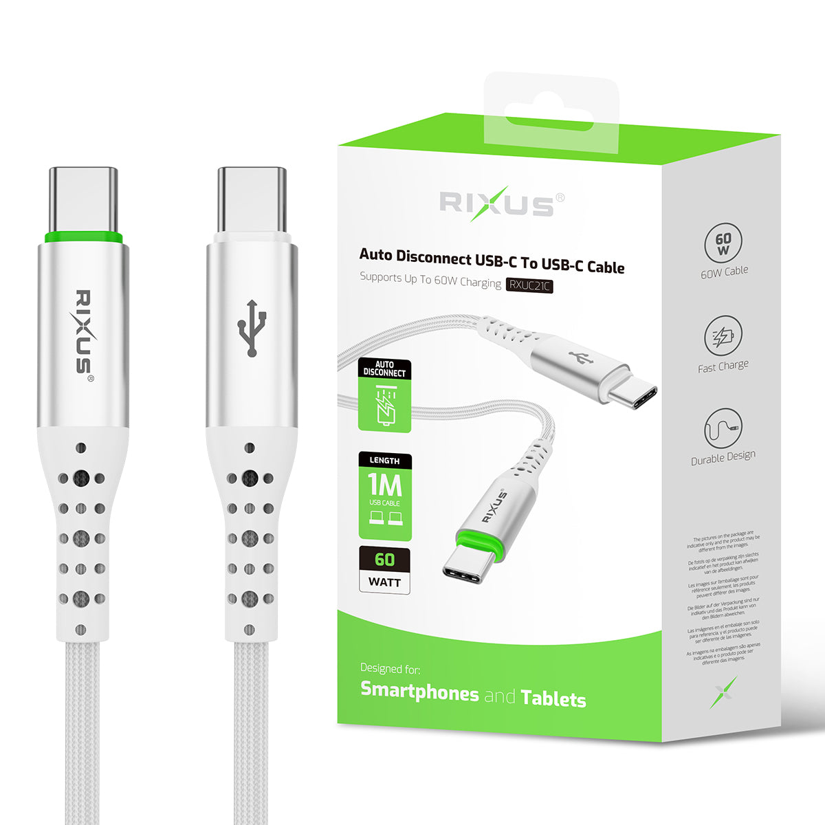 Rixus RXUC21C Câble USB-C vers USB-C à déconnexion automatique Blanc