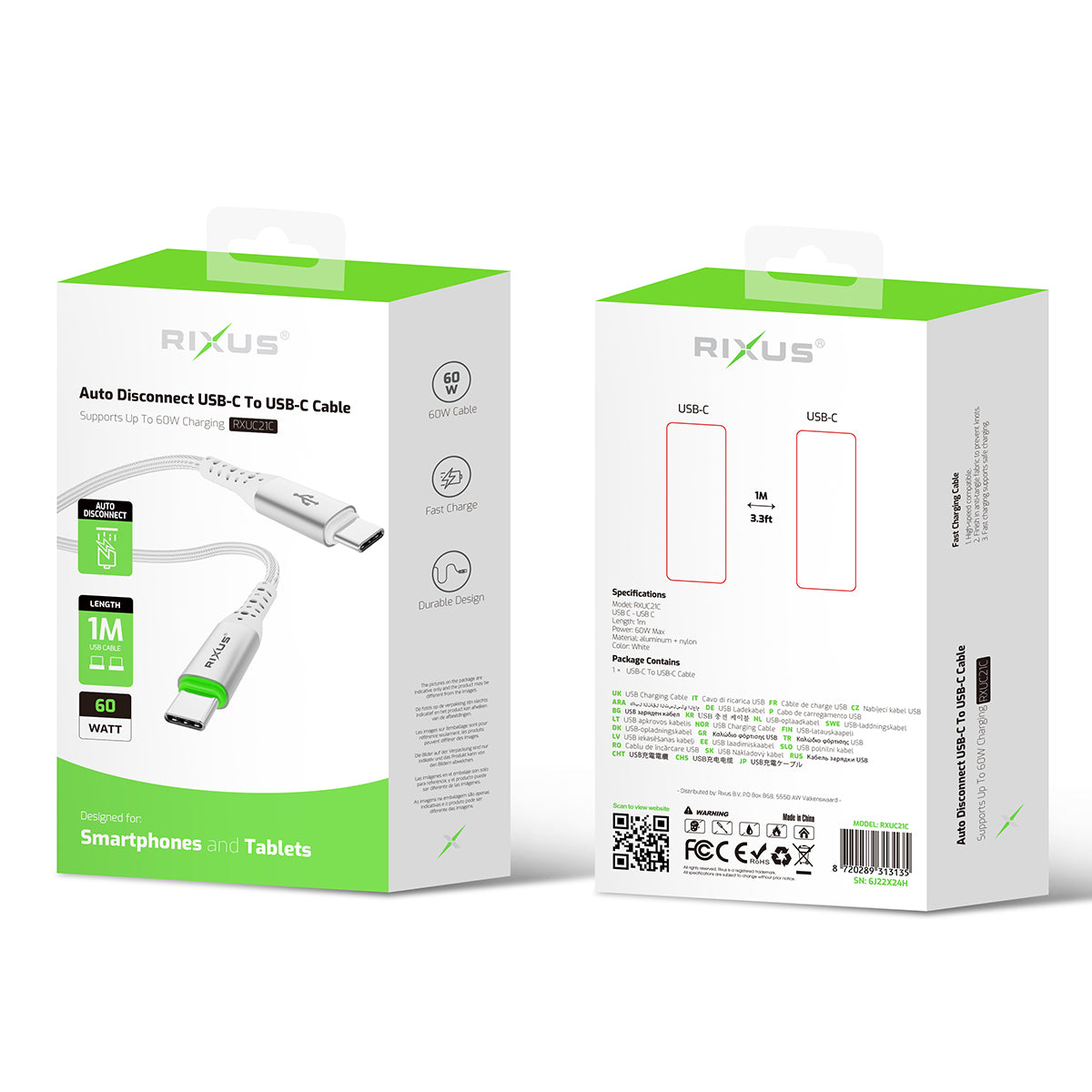 Rixus RXUC21C Câble USB-C vers USB-C à déconnexion automatique Blanc