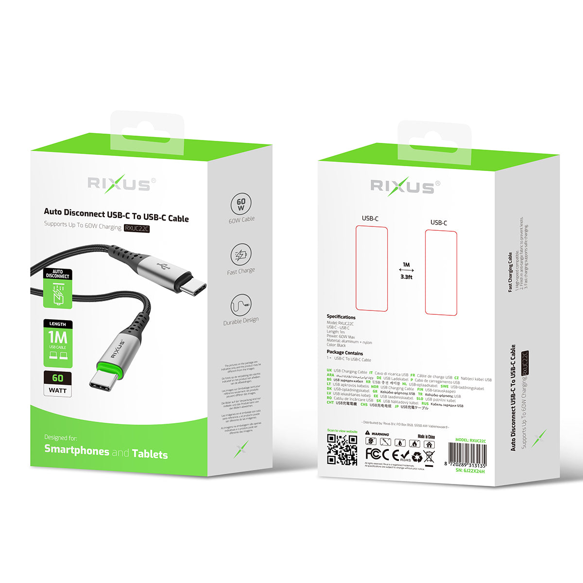 Rixus RXUC22C Câble USB-C vers USB-C à déconnexion automatique Noir