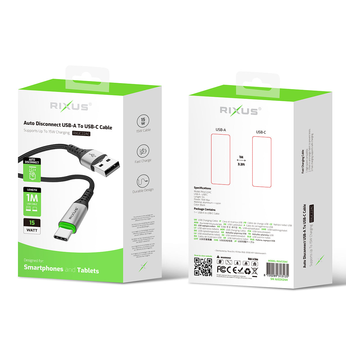 Rixus RXUC22AC Câble USB-A vers USB-C à déconnexion automatique Noir