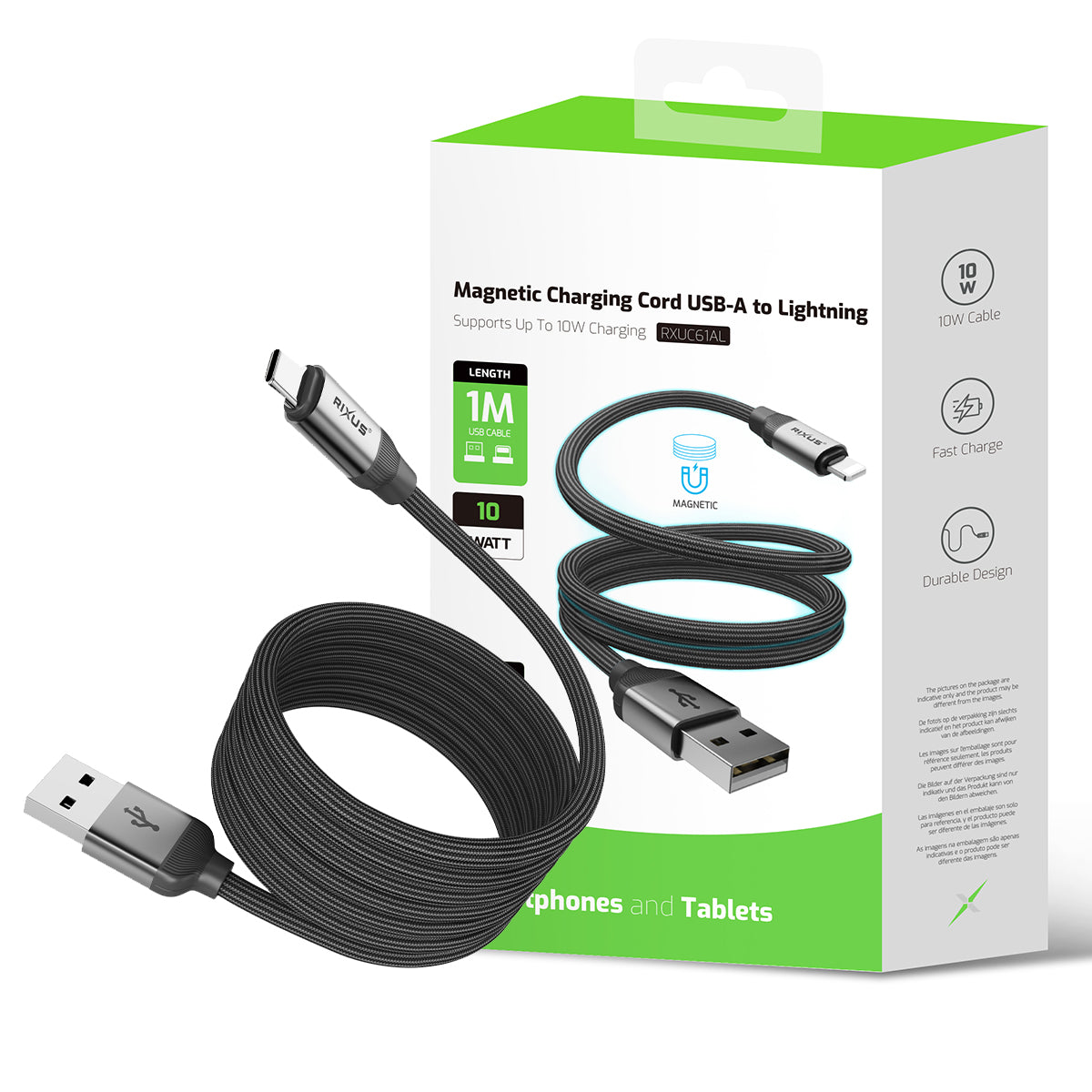 Rixus RXUC61AC Cordon de charge magnétique USB-A vers USB-C 1m 15W Noir