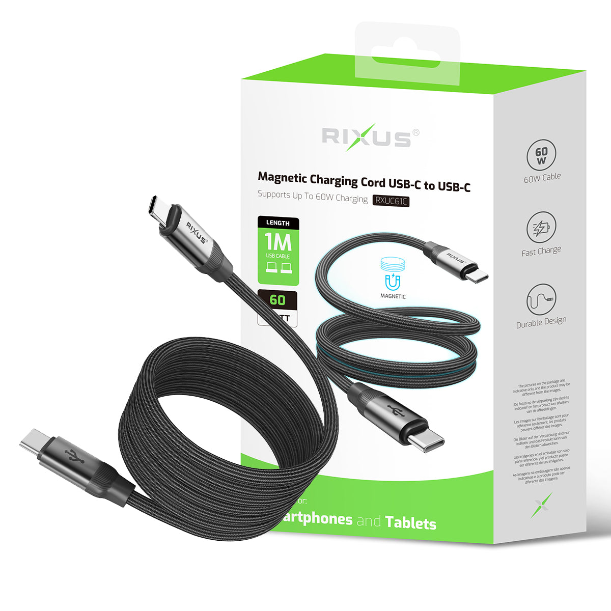 Rixus RXUC61C Cordon de charge magnétique USB-C vers USB-C 1m 60W Noir