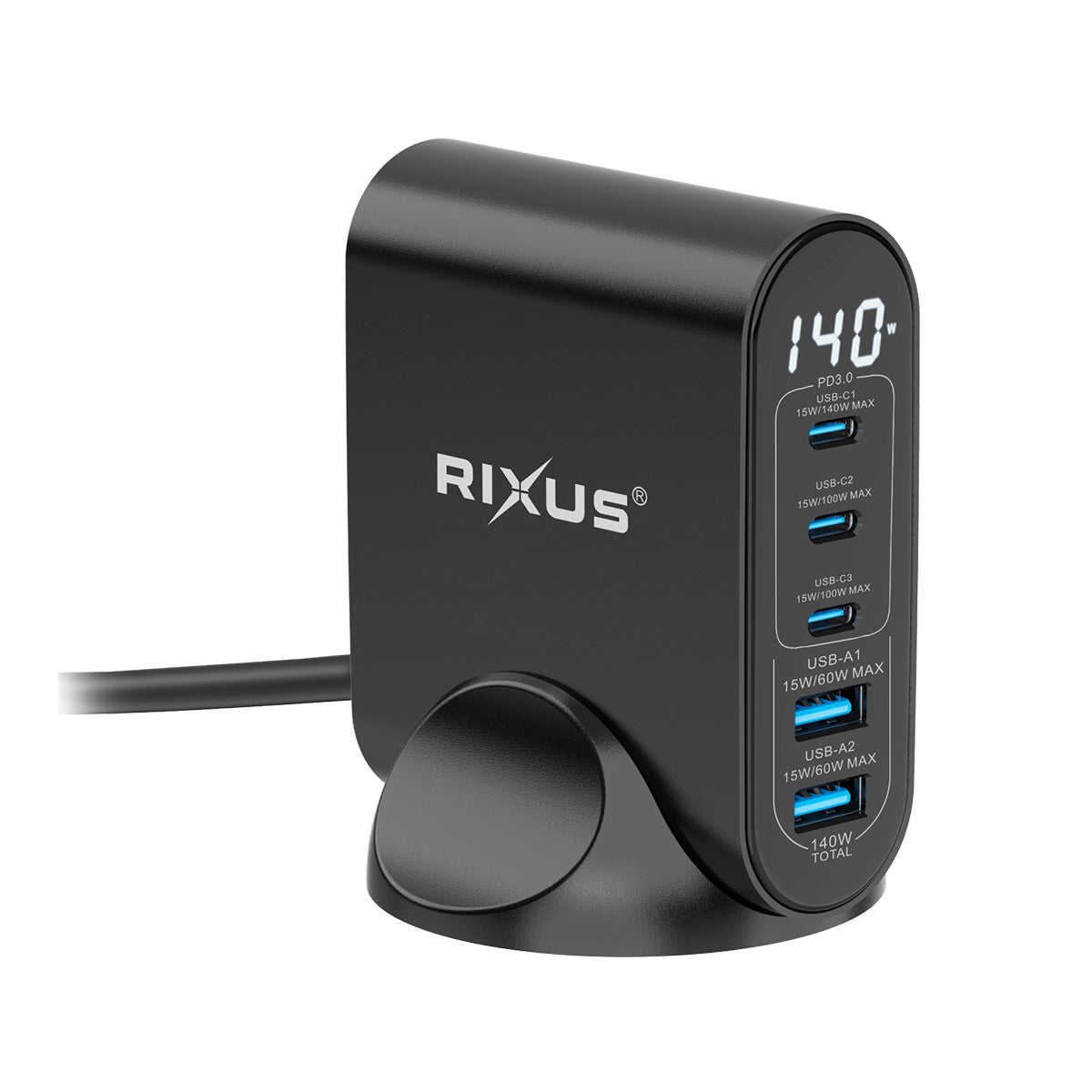 Rixus RX140 Adaptateur d'alimentation GaN avec affichage numérique 140W Noir