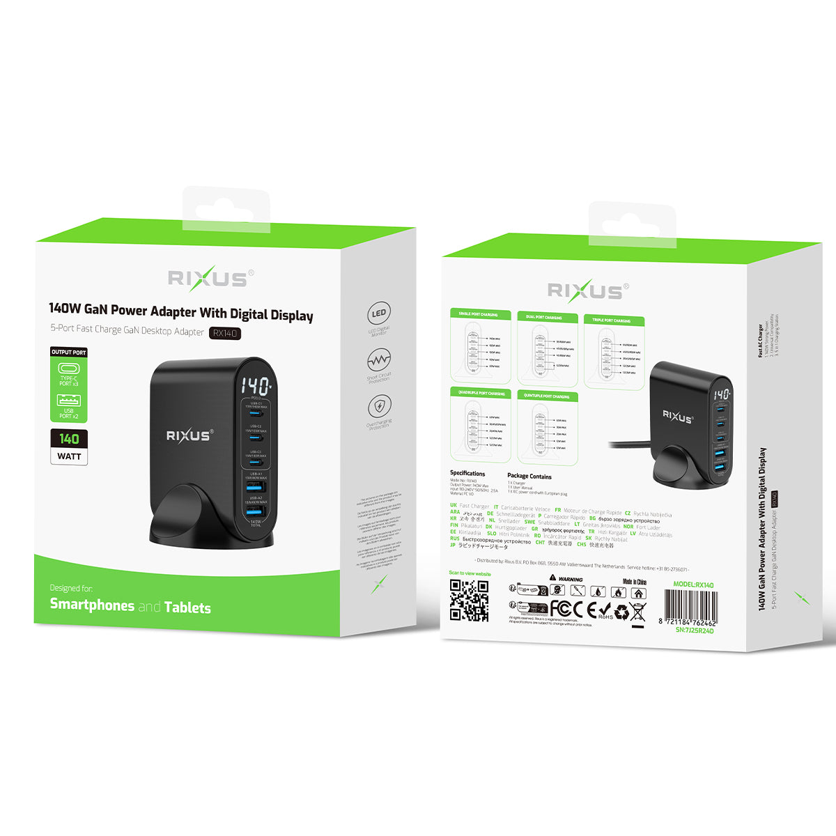 Rixus RX140 Adaptateur d'alimentation GaN avec affichage numérique 140W Noir
