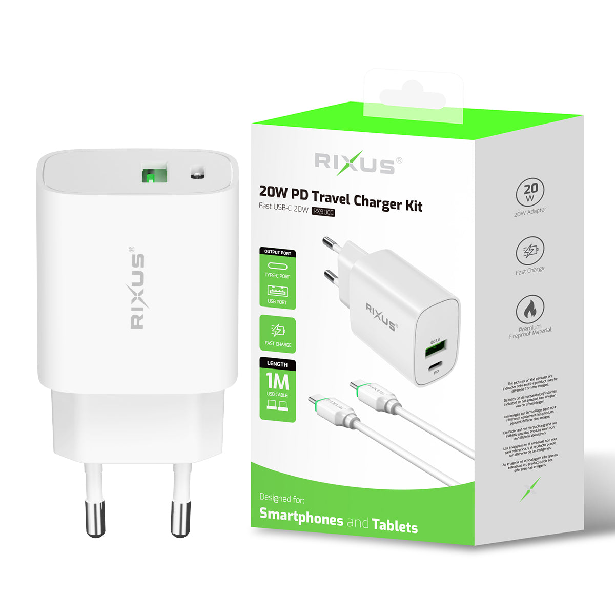 Rixus RX90CC Adaptateur avec câble USB-C vers USB-C 1m 20W Blanc