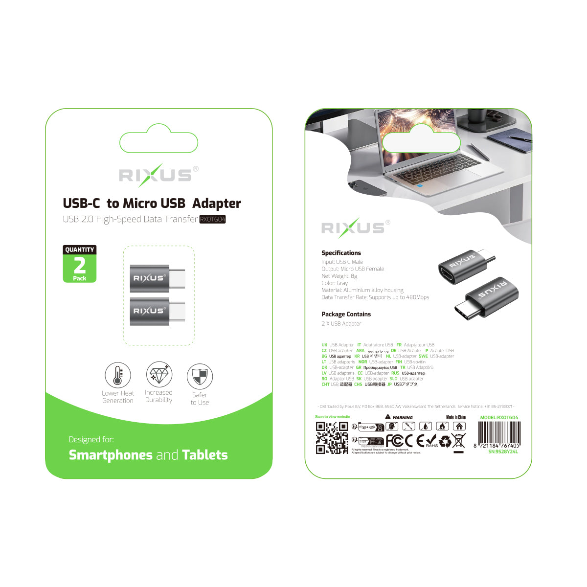 Rixus RXOTG04 Adaptateur USB-C vers Micro OTG Gris Espace (2-Pack)