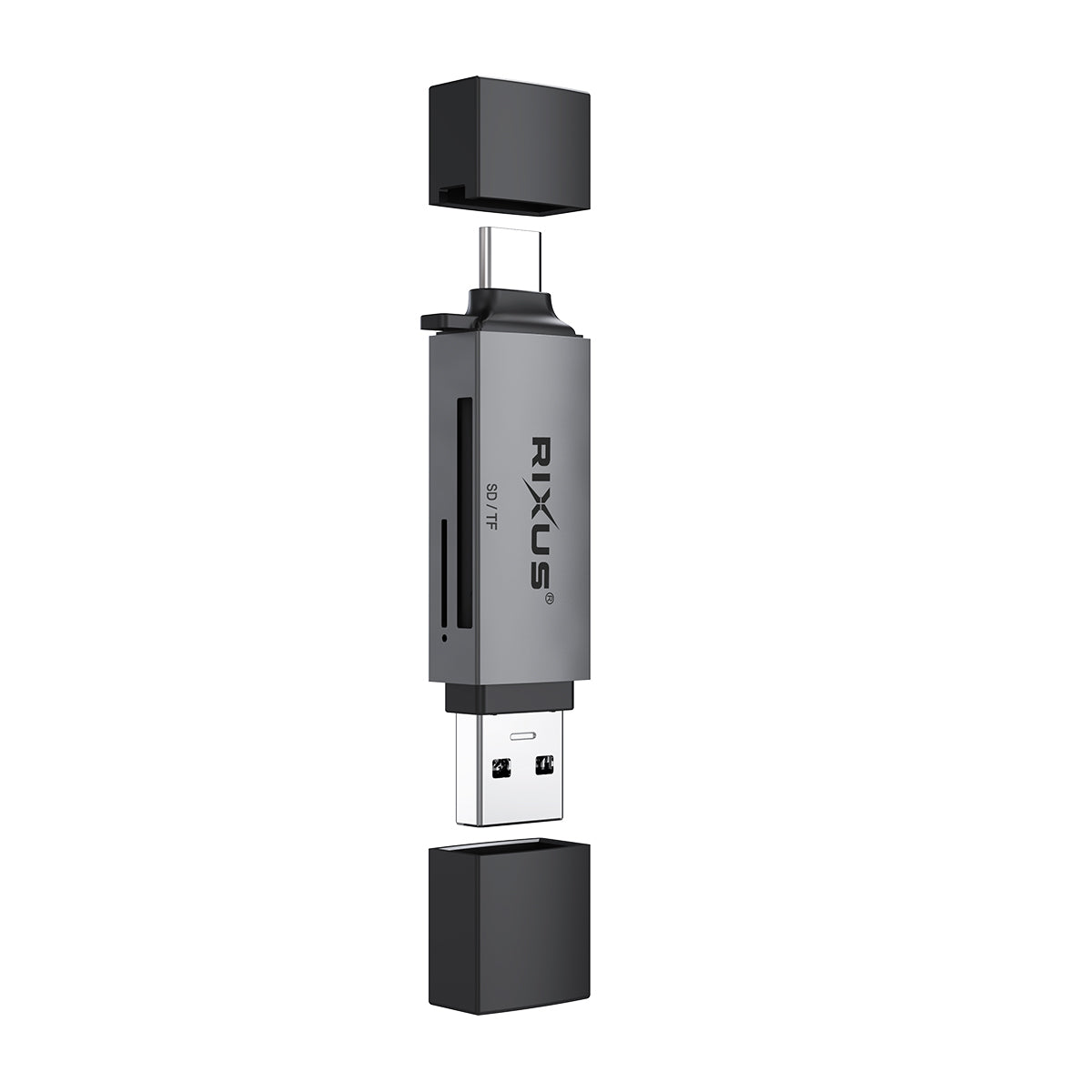 Rixus RXCR02 Lecteur de cartes 4 en 1 USB 3.0, USB-C vers SD/TF Gris Espace