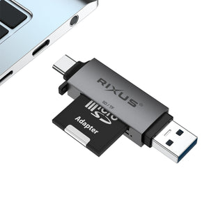 Rixus RXCR02 Lecteur de cartes 4 en 1 USB 3.0, USB-C vers SD/TF Gris Espace