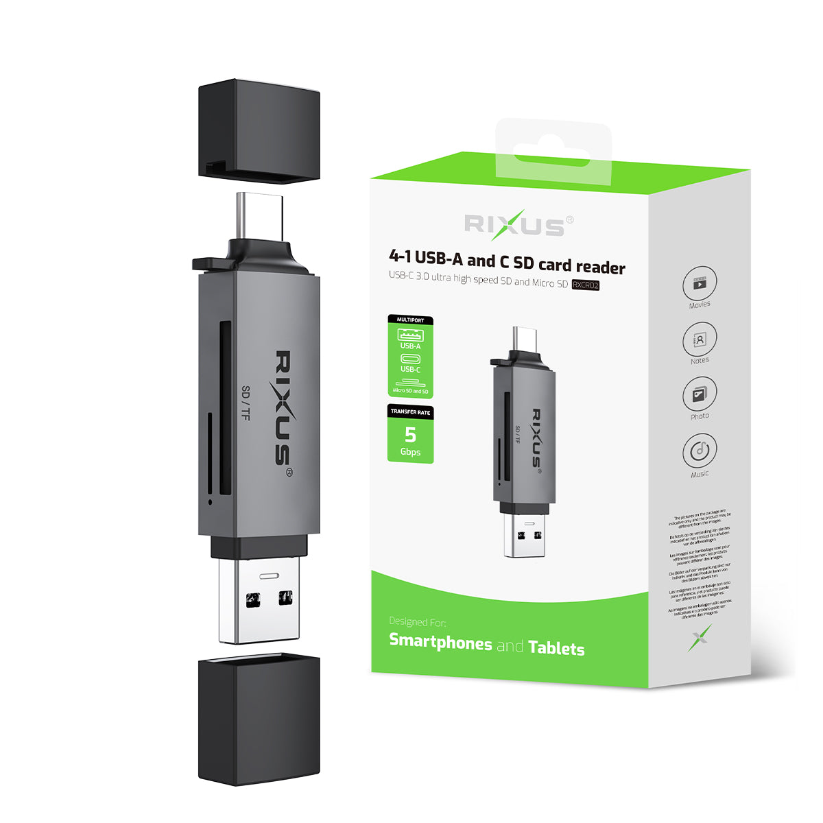 Rixus RXCR02 Lecteur de cartes 4 en 1 USB 3.0, USB-C vers SD/TF Gris Espace