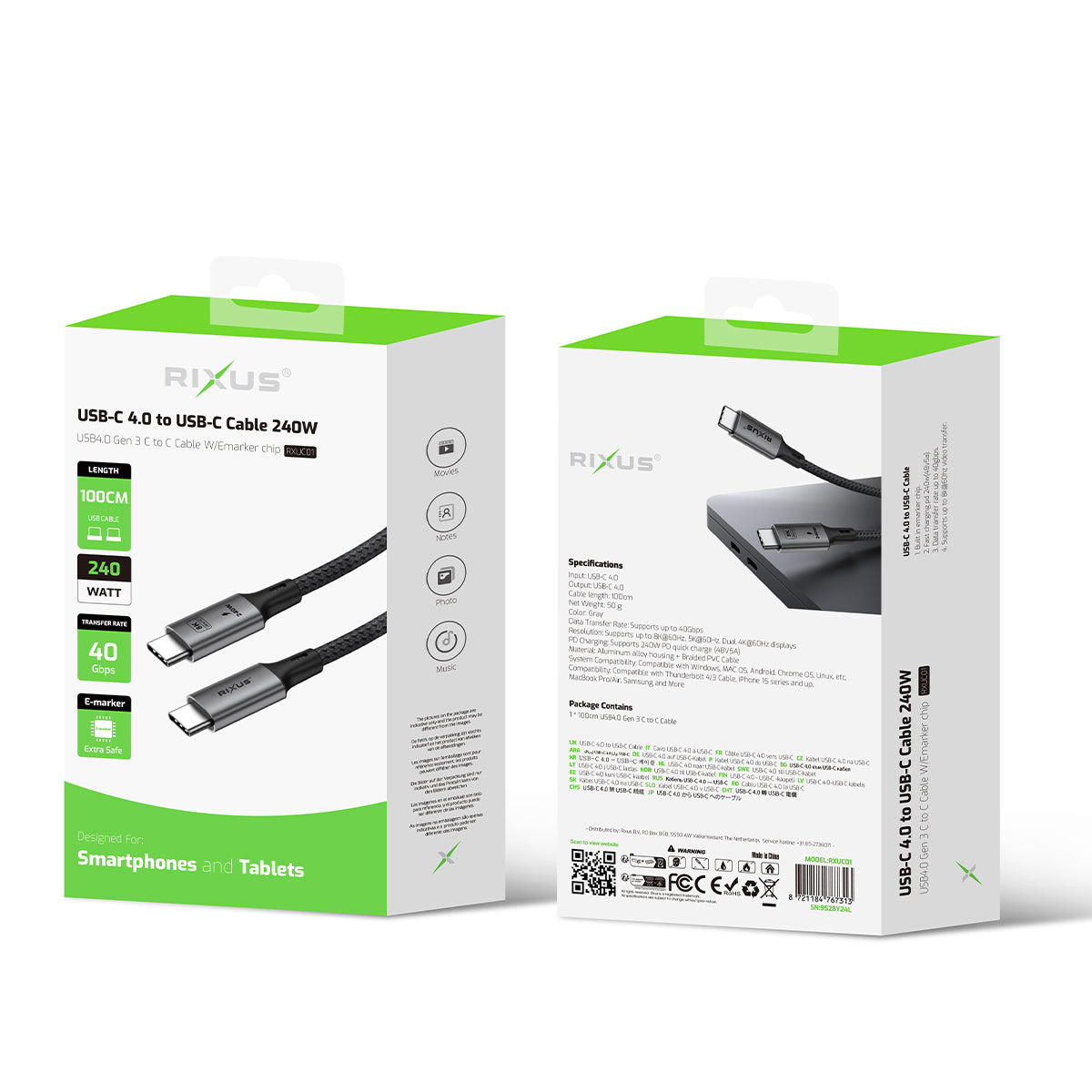 Rixus RXUC01 Câble USB-C 4.0 vers USB-C 1m 240W Gris