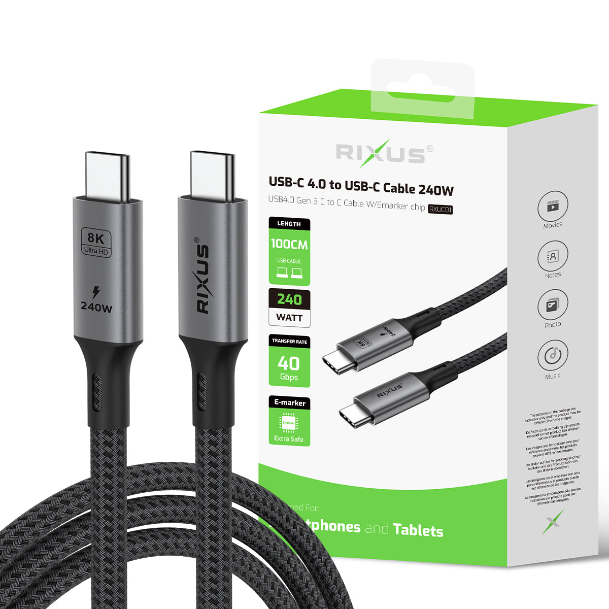 Rixus RXUC01 Câble USB-C 4.0 vers USB-C 1m 240W Gris
