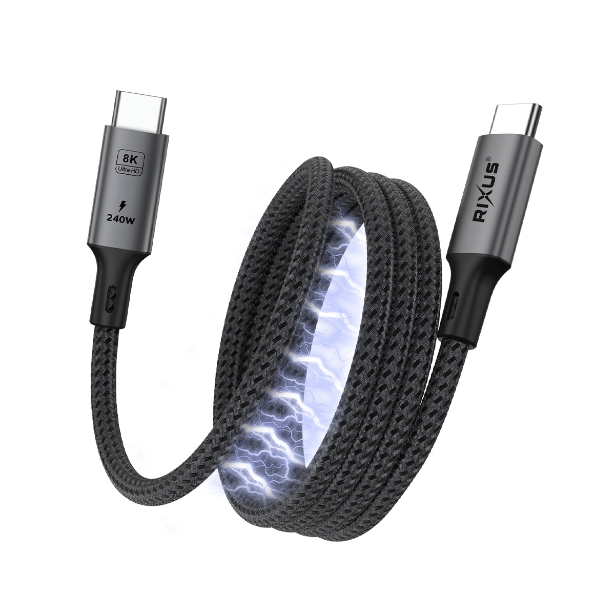 Câble magnétique Rixus RXUC03 USB-C 4.0 vers USB-C facile à enrouler, 1,5 m, 100 W, gris sidéral