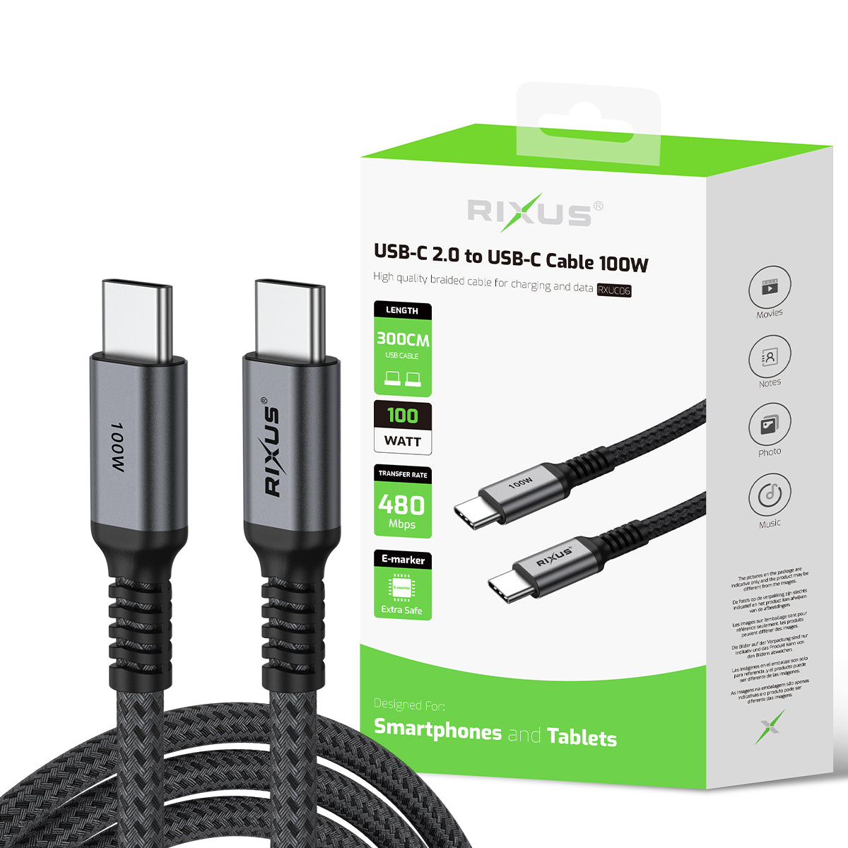 Câble Rixus RXUC06 USB-C 2.0 vers USB-C 3 m 100 W gris sidéral