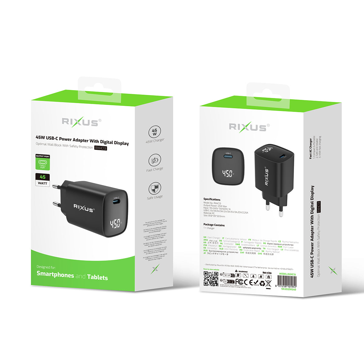Rixus RXHC13 Adaptateur électrique USB-C avec affichage numérique 45W Noir