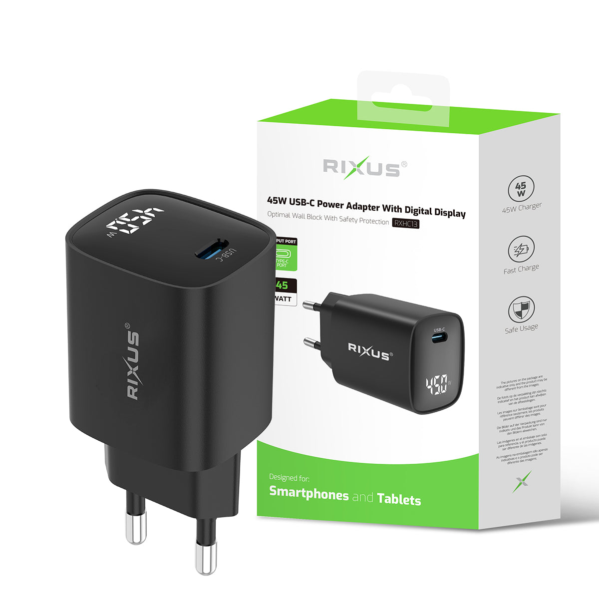Rixus RXHC13 Adaptateur électrique USB-C avec affichage numérique 45W Noir