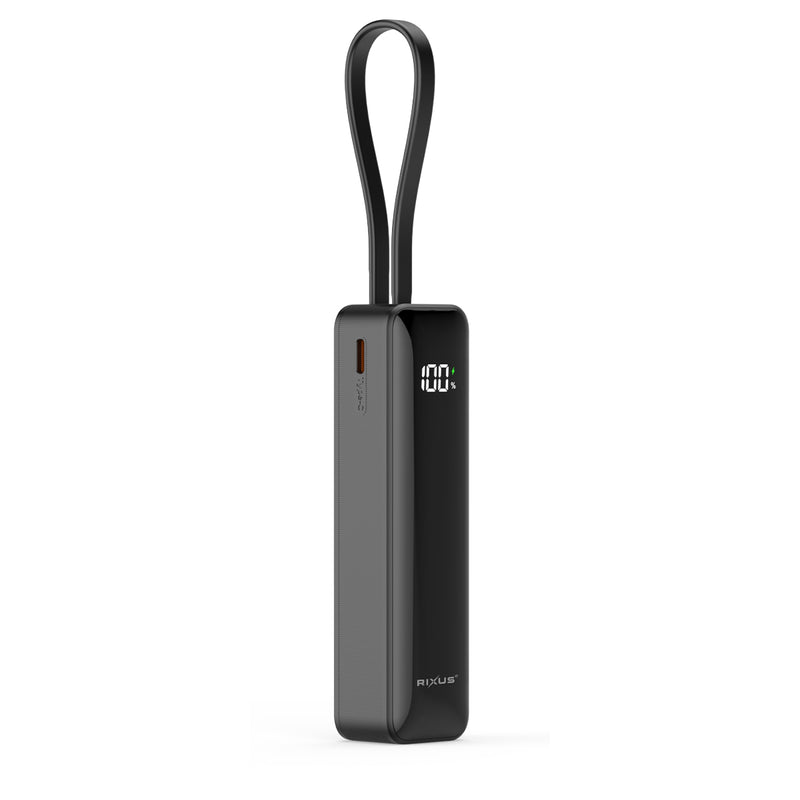 Rixus RXPB03B Batterie externe avec écran numérique 5000 mAh et câble USB-C intégré Noir