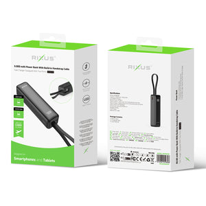 Rixus RXPB03B Batterie externe avec écran numérique 5000 mAh et câble USB-C intégré Noir