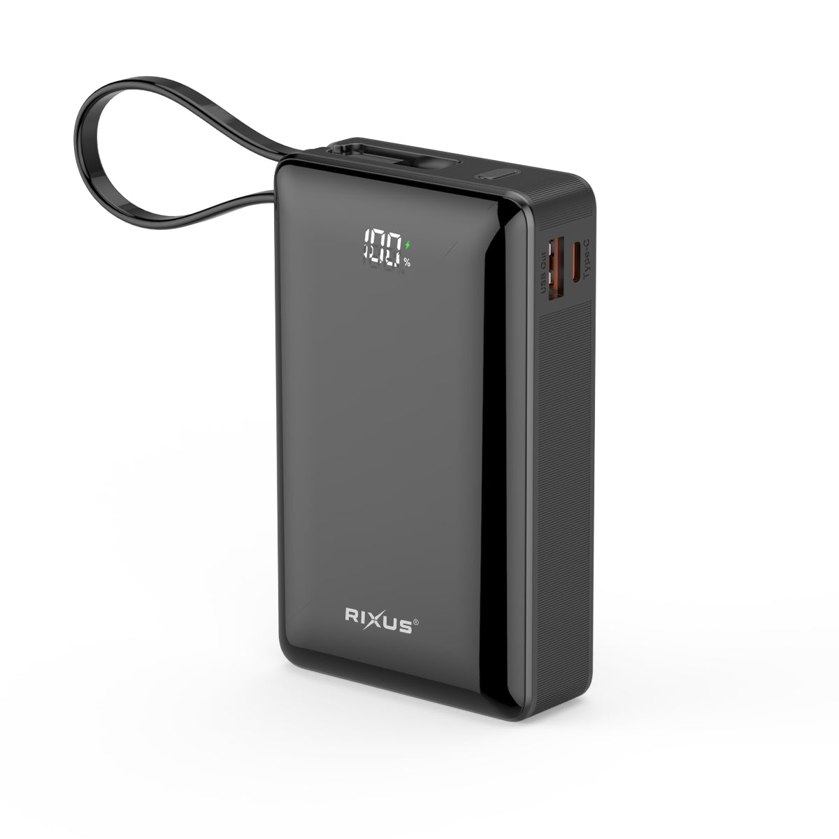Rixus RXPB02B Batterie externe avec écran numérique 20 000 mAh et câble USB-C intégré, noir