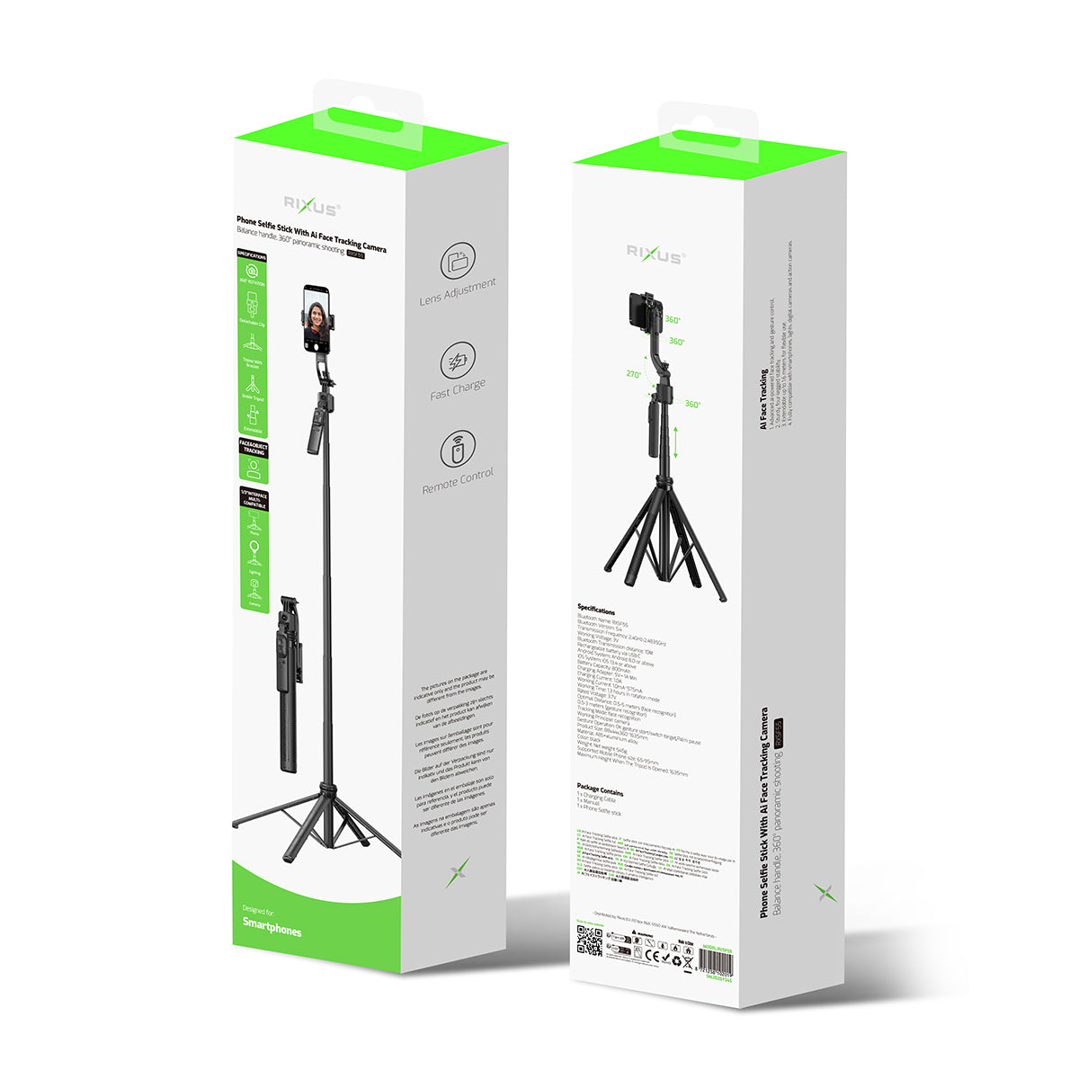 Rixus RXSF55 Bâton de selfie pour téléphone portable avec caméra de suivi de visage AI Noir
