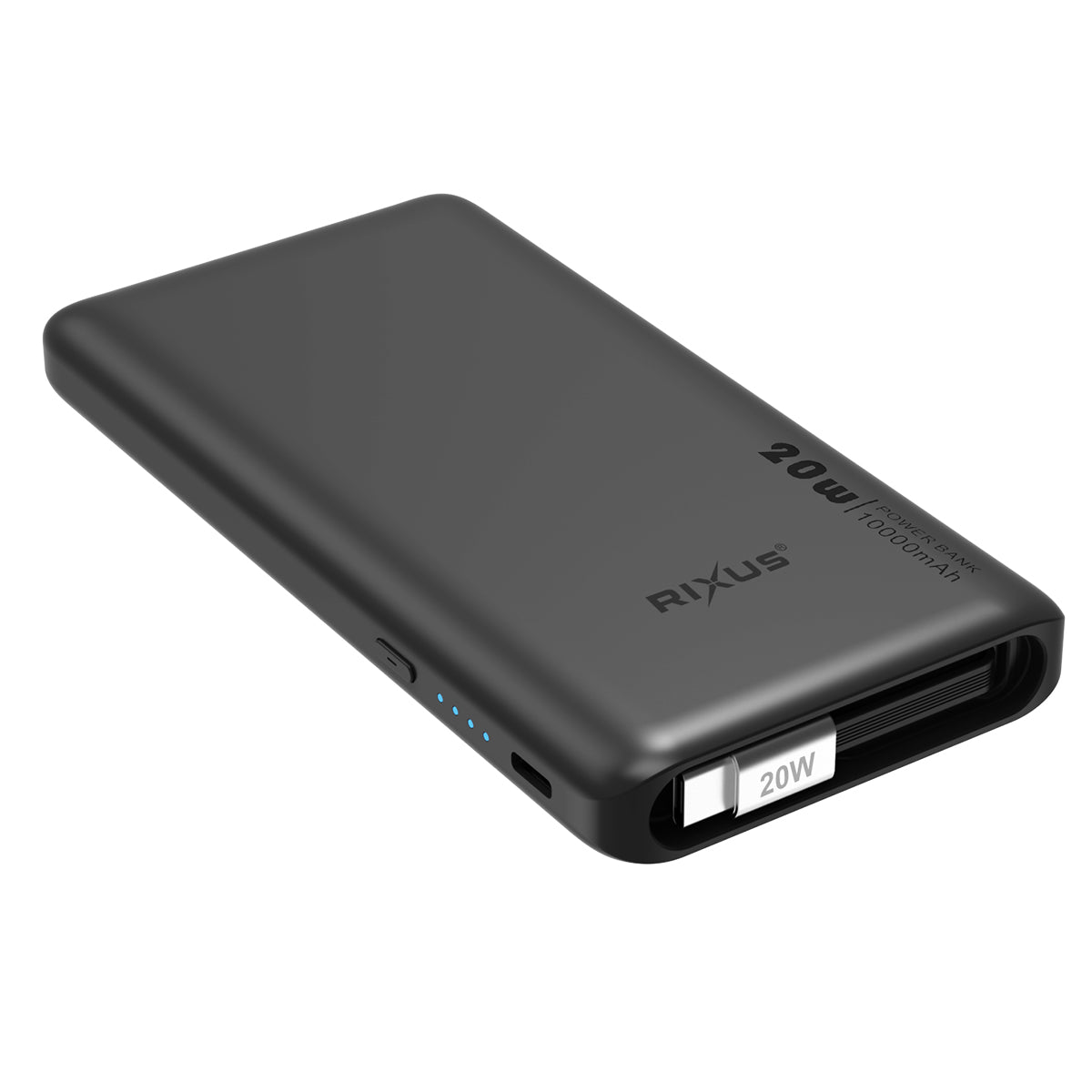Batterie externe Rixus RXPB08 avec câble USB-C intégré 70 cm 10 000 mAh 22,5 W Noir