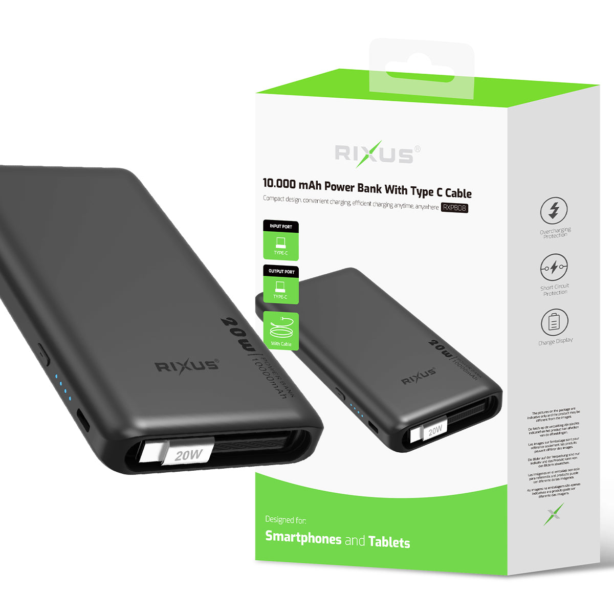 Batterie externe Rixus RXPB08 avec câble USB-C intégré 70 cm 10 000 mAh 22,5 W Noir