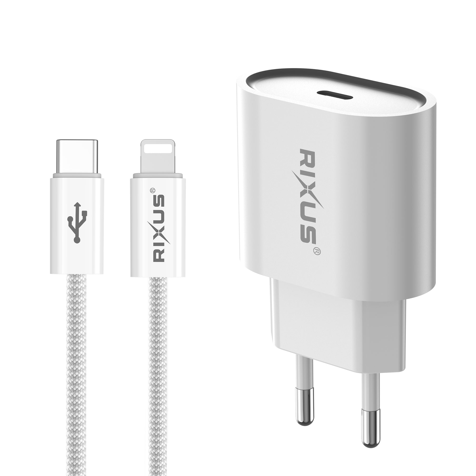 Rixus RXHC30L Fast Charger USB-C To Lightning Connector Cable 1.8m 30W White