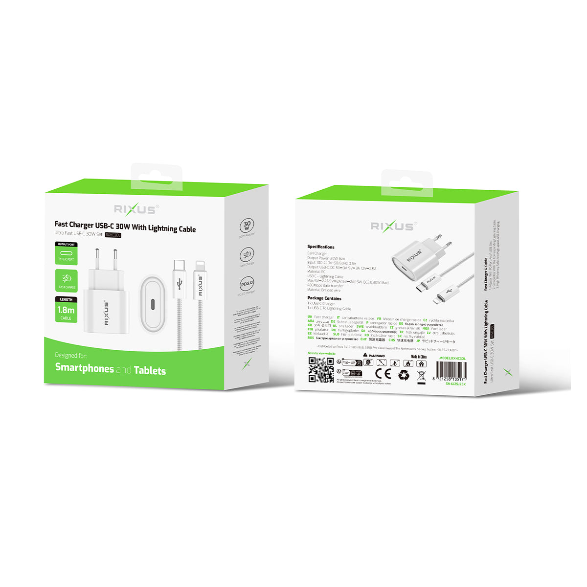 Rixus RXHC30L Fast Charger USB-C To Lightning Connector Cable 1.8m 30W White
