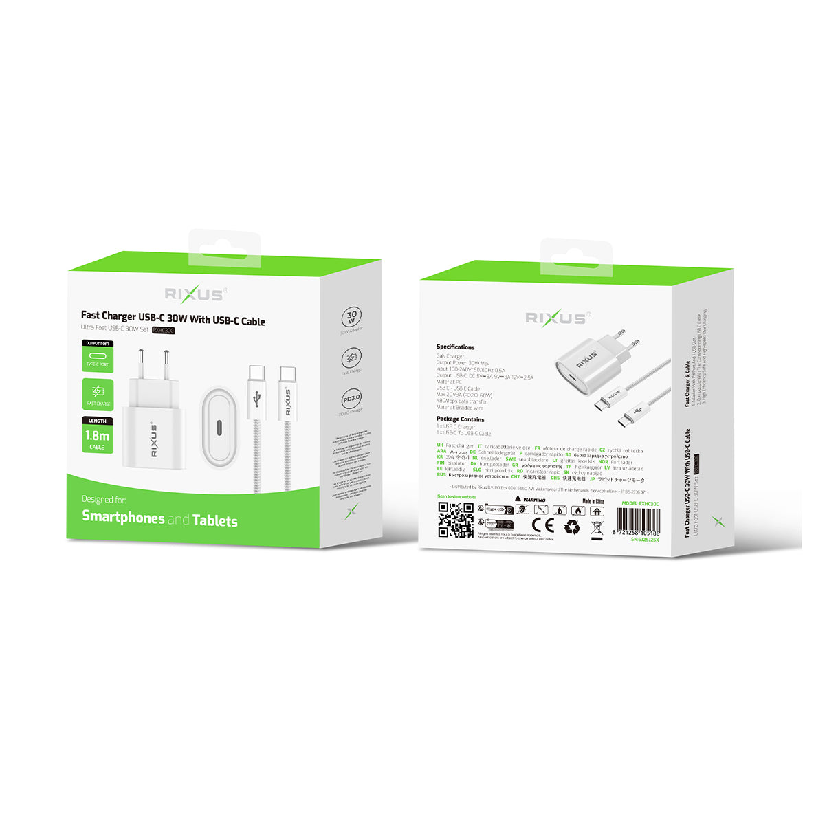 Rixus RXHC30C Chargeur rapide Câble USB-C vers USB-C 1,8m 30W Blanc
