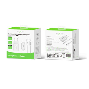 Rixus RXHC20L Fast Charger USB-C To Lightning Connector Cable 1.8m 20W White