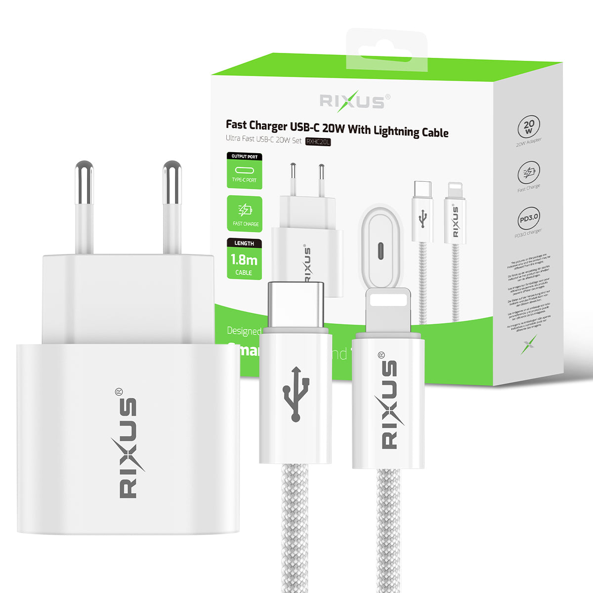 Rixus RXHC20L Fast Charger USB-C To Lightning Connector Cable 1.8m 20W White