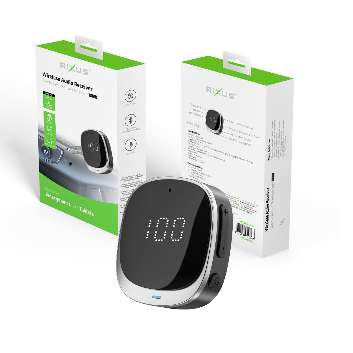 Rixus RXBT24 Récepteur Bluetooth 5.0 et AUX noir