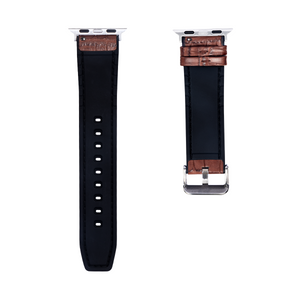 Bracelet en silicone et cuir grainé alligator For Apple 42 mm, 44 mm, 45 mm, 49 mm, marron foncé, boîte de vente au détail