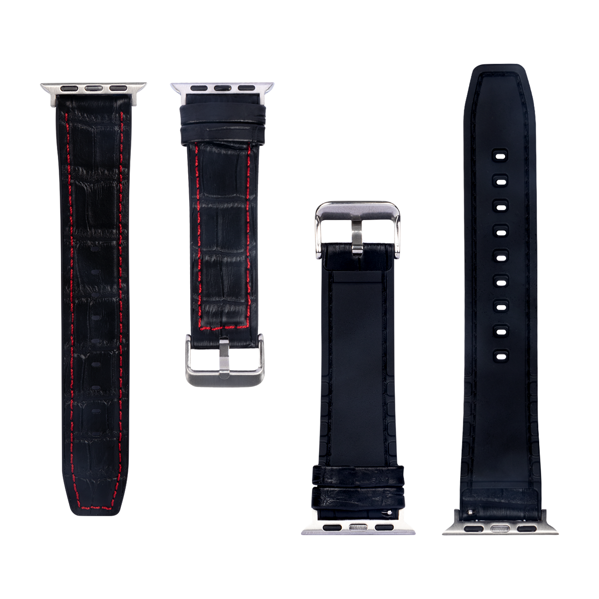 Bracelet en silicone et cuir grainé alligator For Apple 42 mm, 44 mm, 45 mm, 49 mm Noir, rouge Boîte de vente au détail