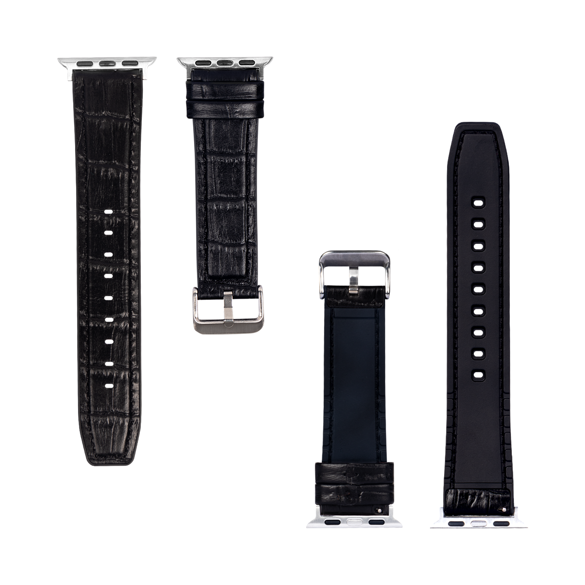 Bracelet en silicone et cuir grain alligator For Apple 38 mm, 40 mm, 41 mm Noir Boîte de vente au détail