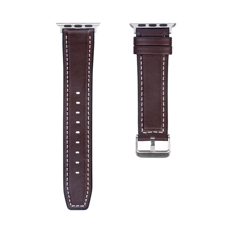 Bracelet en silicone et cuir brillant For Apple 38 mm, 40 mm, 41 mm, marron foncé, boîte de vente au détail
