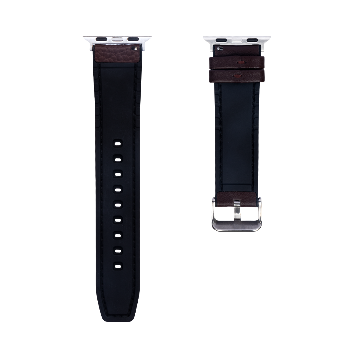 Bracelet en silicone et cuir brillant For Apple 42 mm, 44 mm, 45 mm, 49 mm, marron foncé, boîte de vente au détail